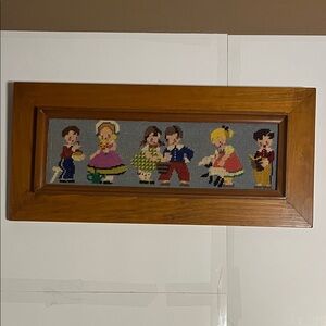 😄MCM framed needlepoint children sheep garden